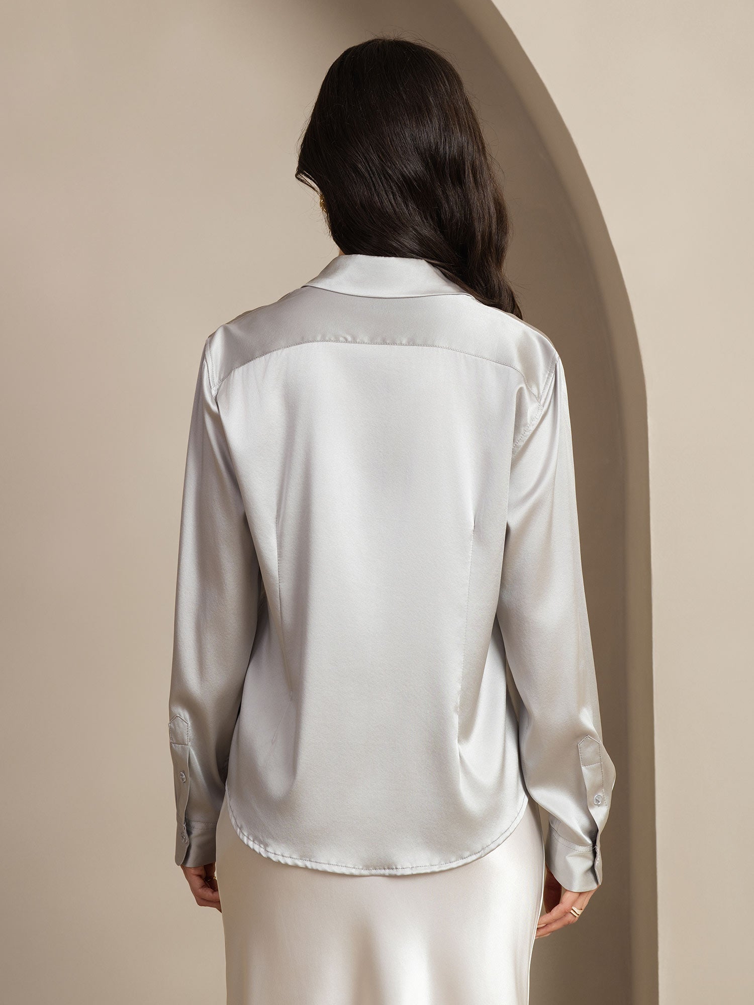 [Light Gray] SilkSilky-AU 19Momme Stretch Silk Charmeuse Long Sleeve Lapel Collar Women's Shirt 002