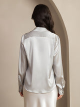 [Light Gray] SilkSilky-AU 19Momme Stretch Silk Charmeuse Long Sleeve Lapel Collar Women's Shirt 002