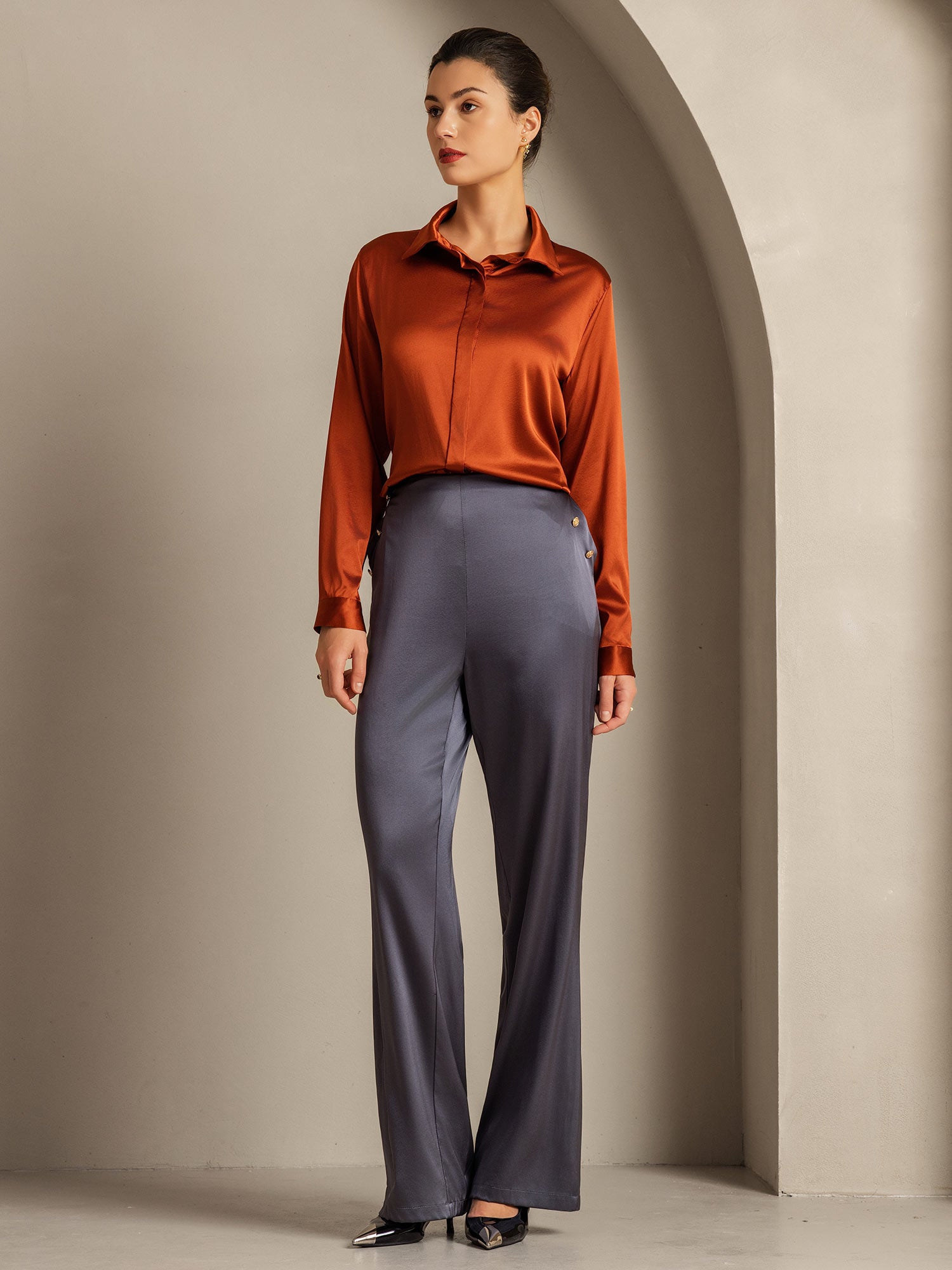 [Caramel] SilkSilky-AU 19Momme Silk Lapel Collar Women's Shirt 010
