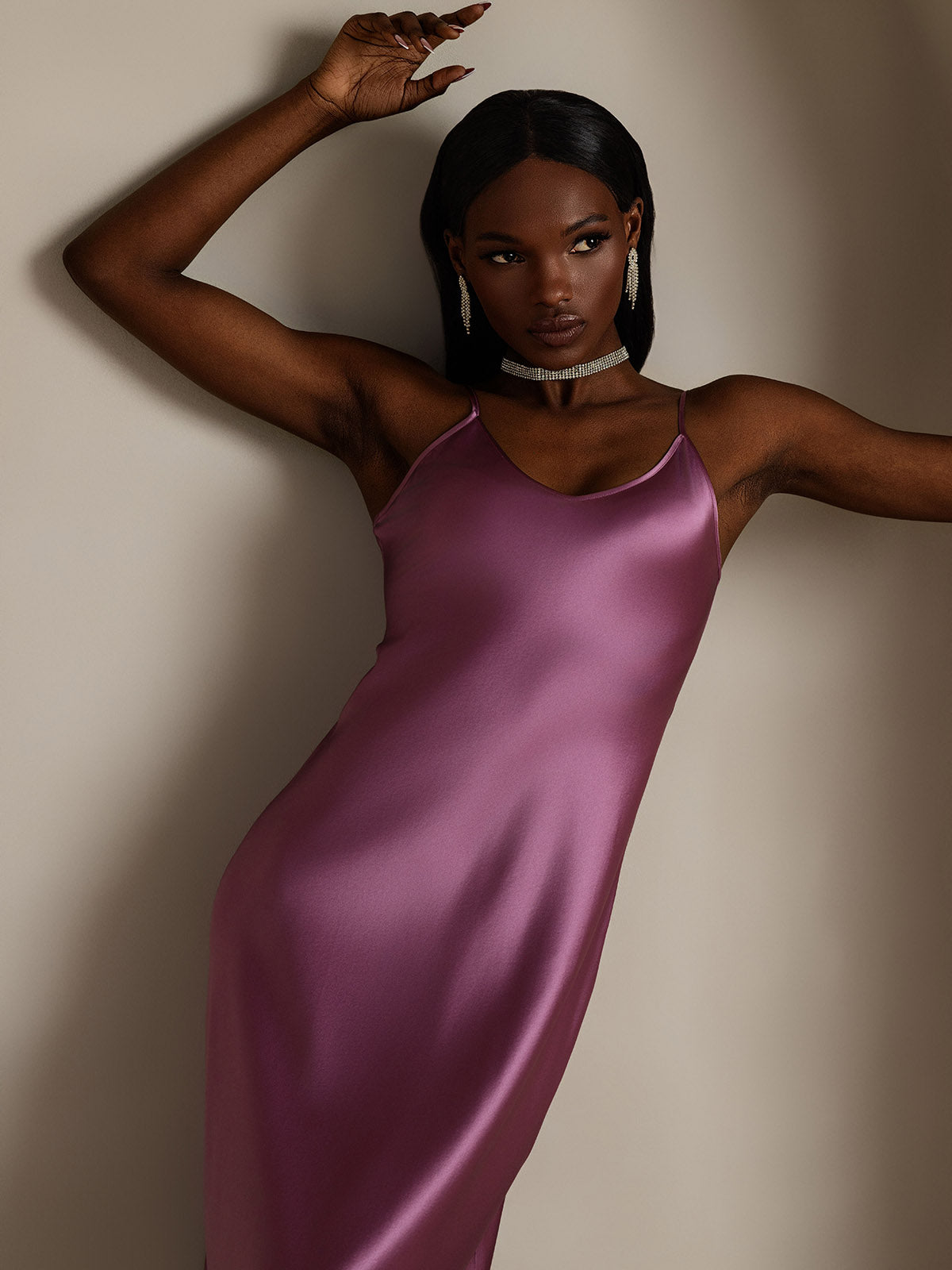 [Deep Purple] SilkSilky-AU Pure Silk Round Neck Dress 003,