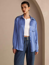 [Blue Pinstripe] SilkSilky-AU Long Sleeve Lapel Collar Women's Shirt 001