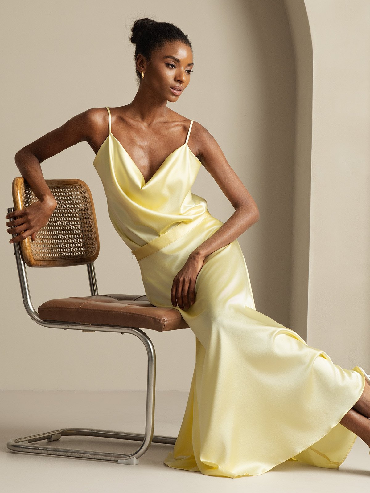 [Light Yellow] SilkSilky-AU 19Momme Silk Knitted Cowl Neck Women''s Outfit Sets 007,