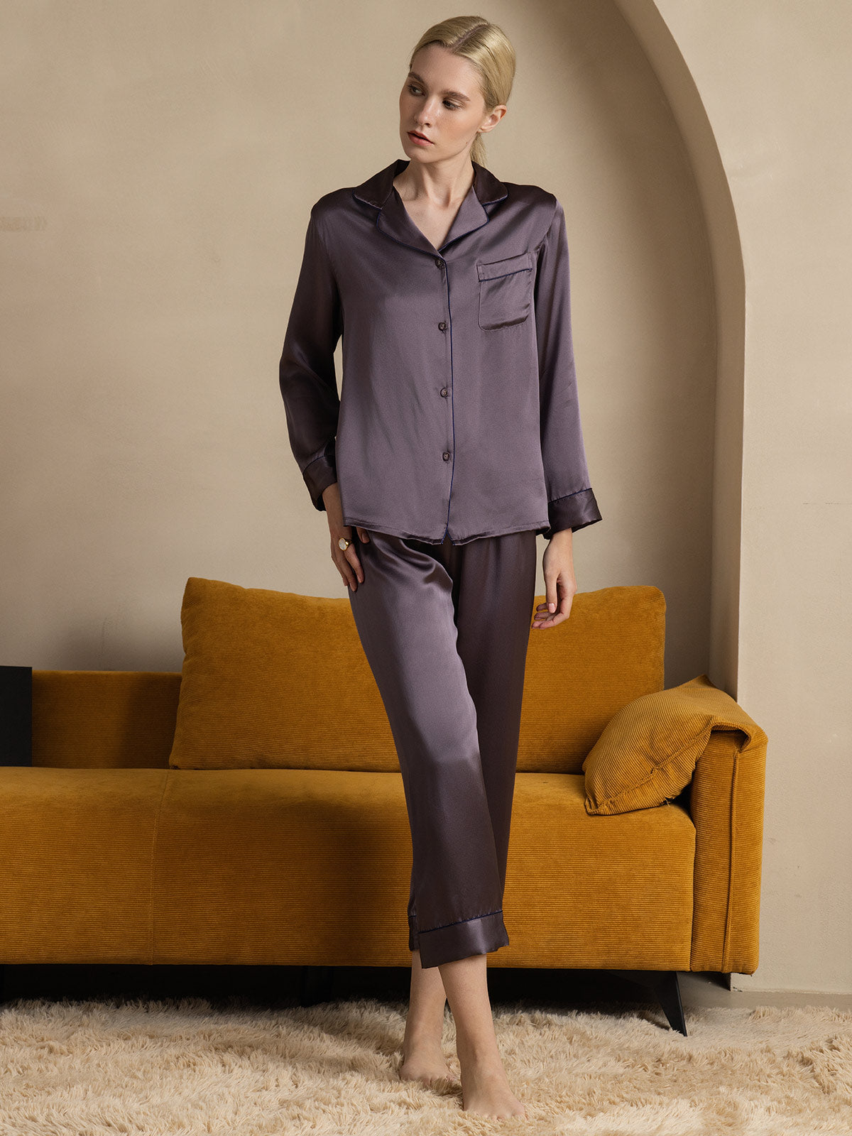 SilkSilky-AU Pure Silk Long Sleeve Lapel Women's Pyjamas PurpleGray 007