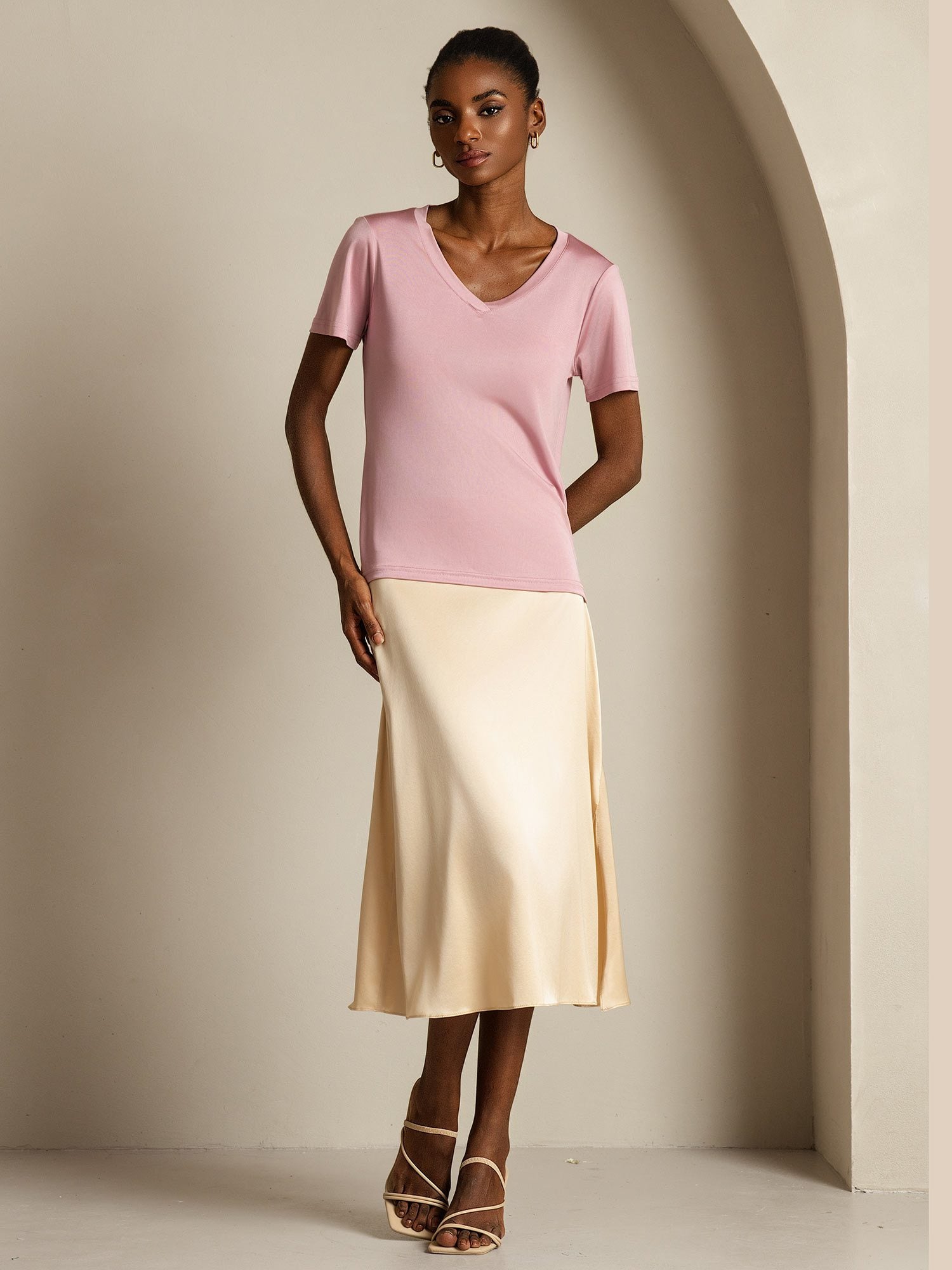 [PaleMauve] SilkSilky-AU Pure Silk V Neck Women's T-Shirt 009