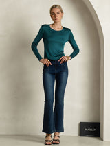 [Posy Green] SilkSilky-AU Silk Jersey Long Sleeve Round Neck Women's T-Shirt 006