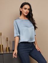 [Grayish Blue] SilkSilky-AU Half Sleeve Scoop Neck Women's T-Shirt 003