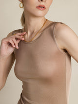 [Coffee] SilkSilky-AU 100% Silk Jersey Sleeveless Round Neck Women's T-Shirt 004