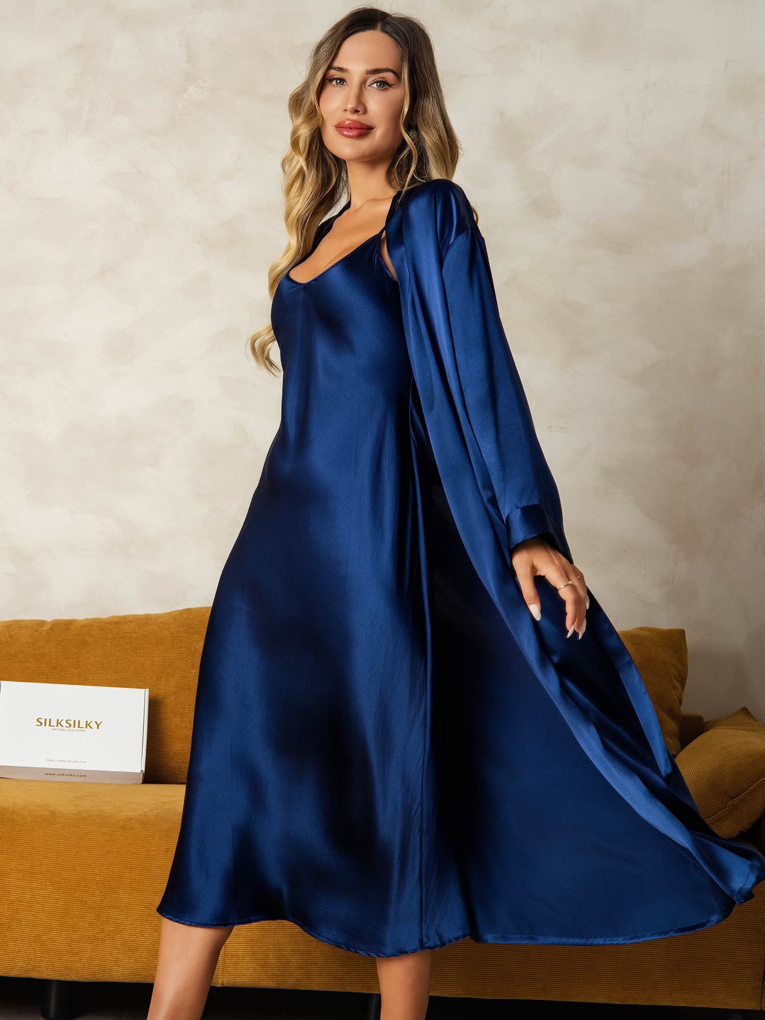 [DarkBlue] SilkSilky-AU Pure Silk V Neck Nightgown&Dressing Gown Set 004