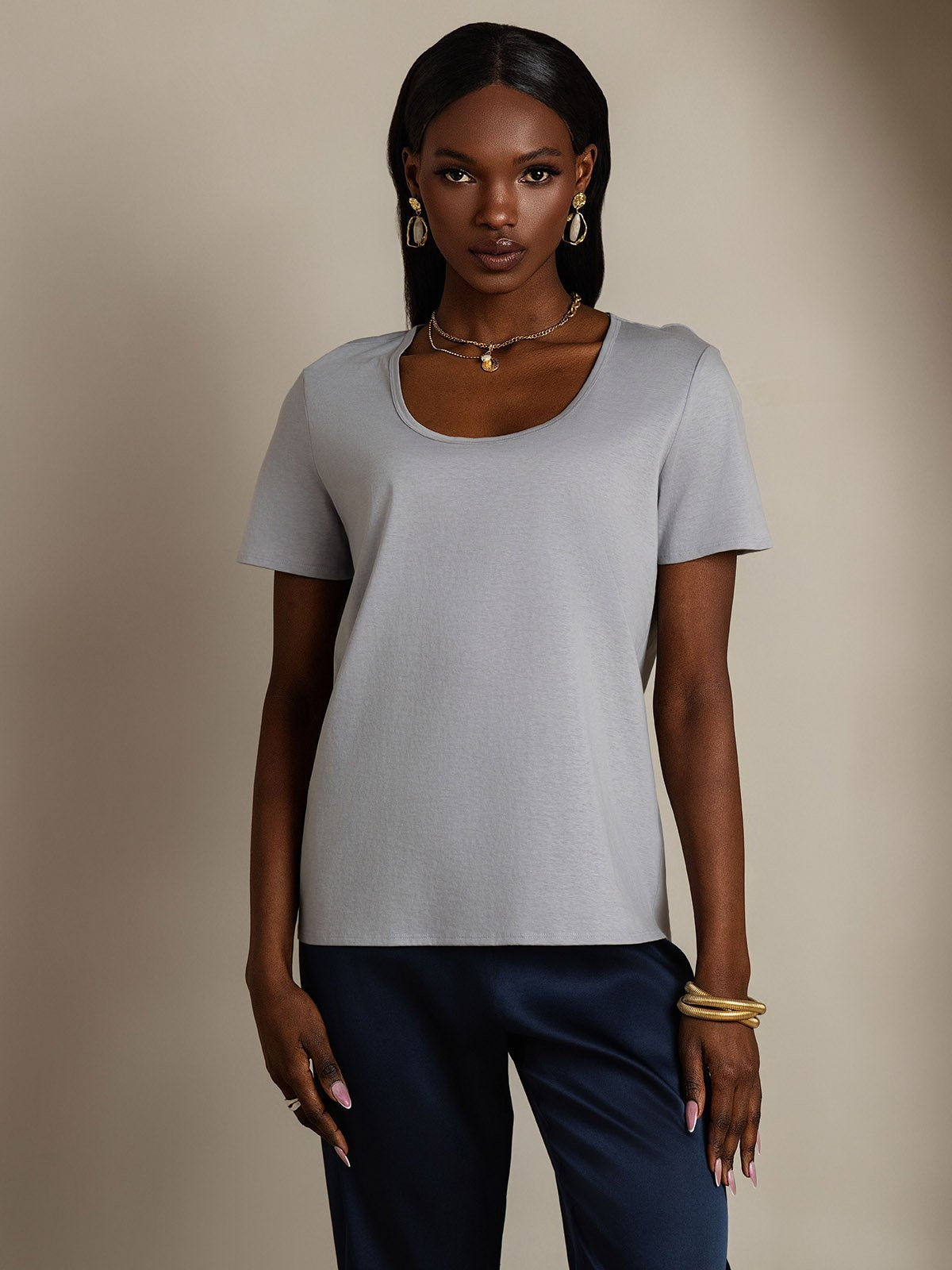 SilkSilky-AU Silk Short Sleeve U Neck Women's T-Shirt Gray 001