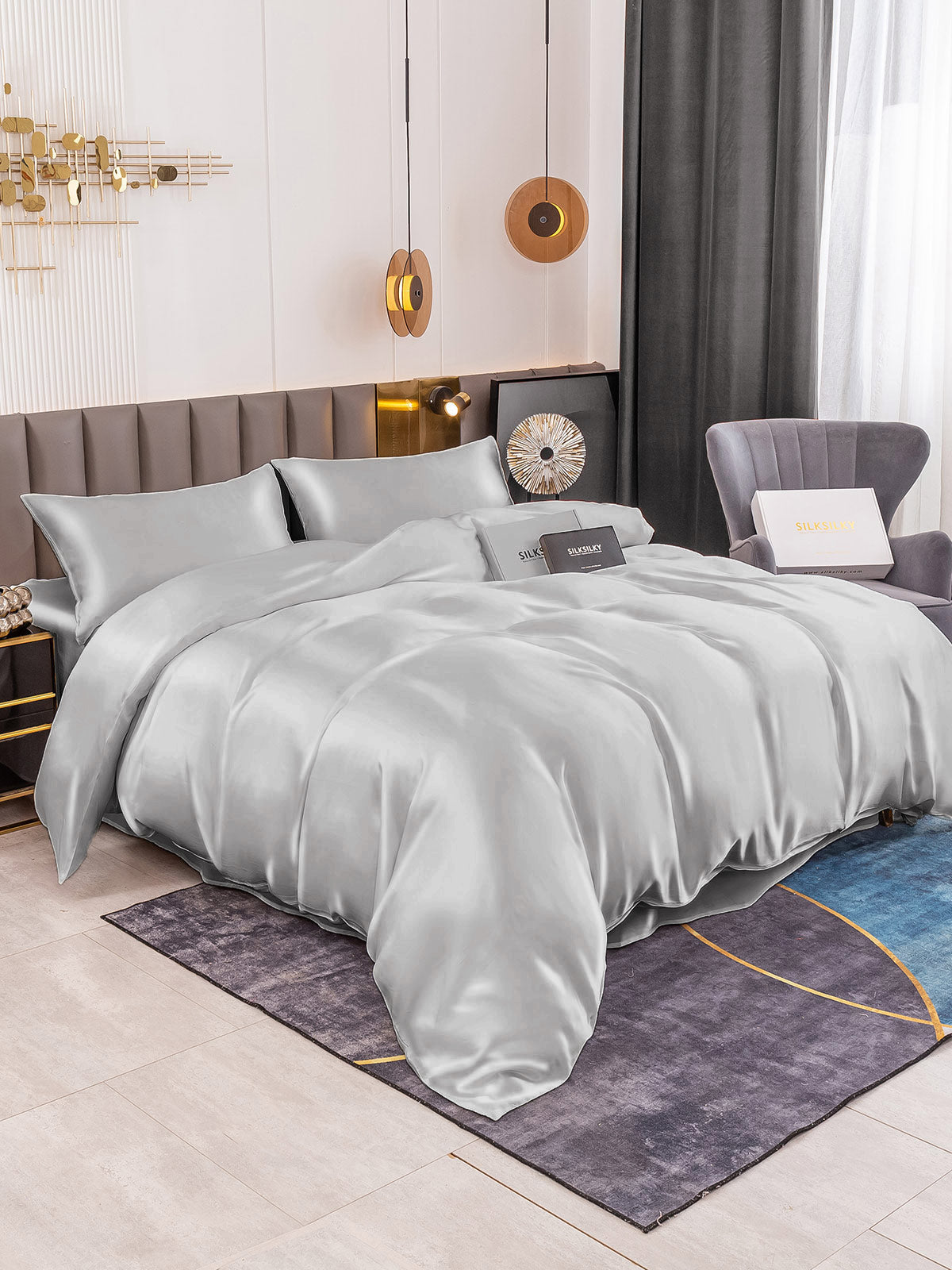 SilkSilky AU 19Momme Pure Silk Bedding Set Silver 001