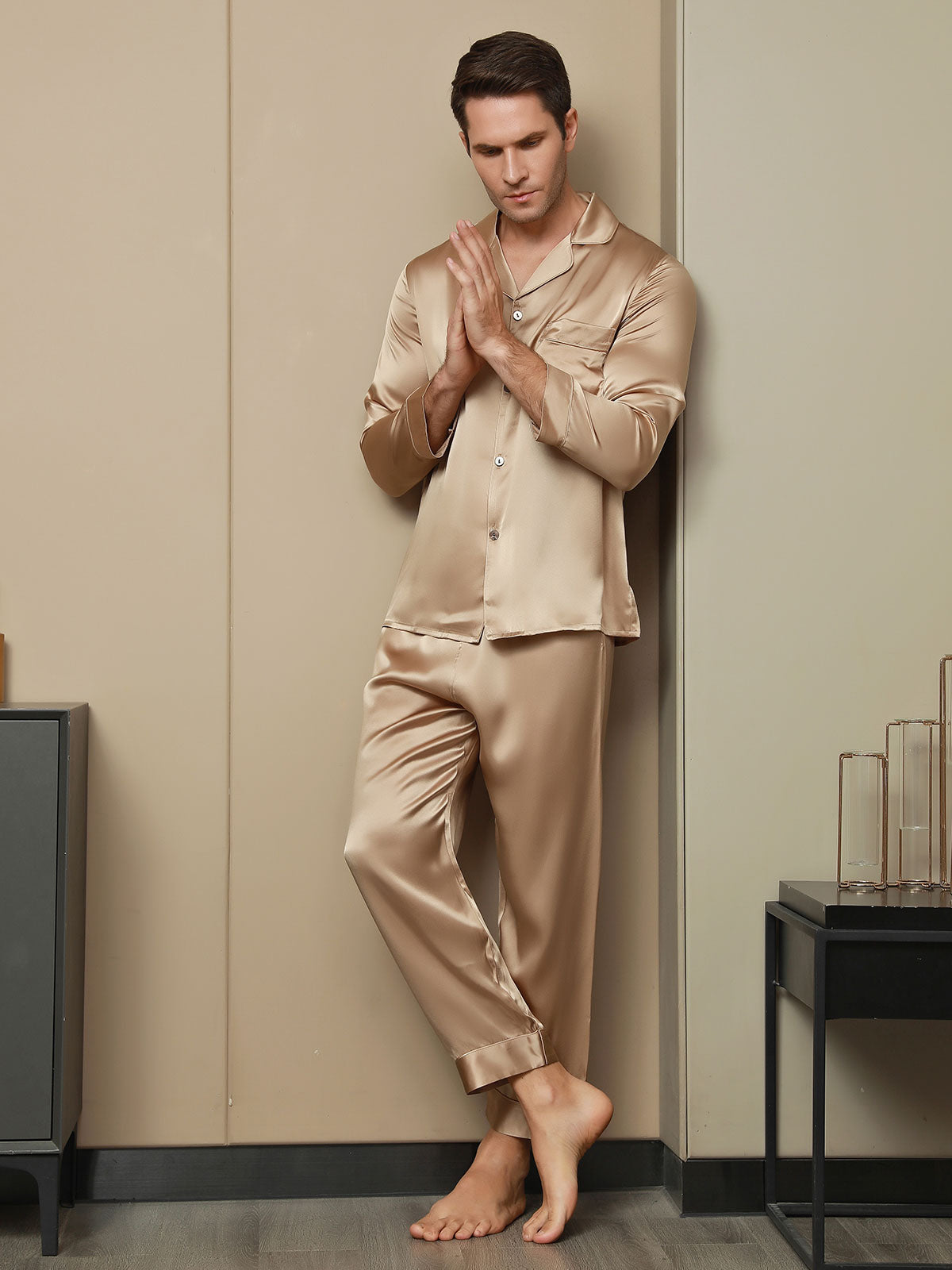 SilkSilky AU Pure Silk Long Sleeve Lapel Men's Pyjamas Champagne 003