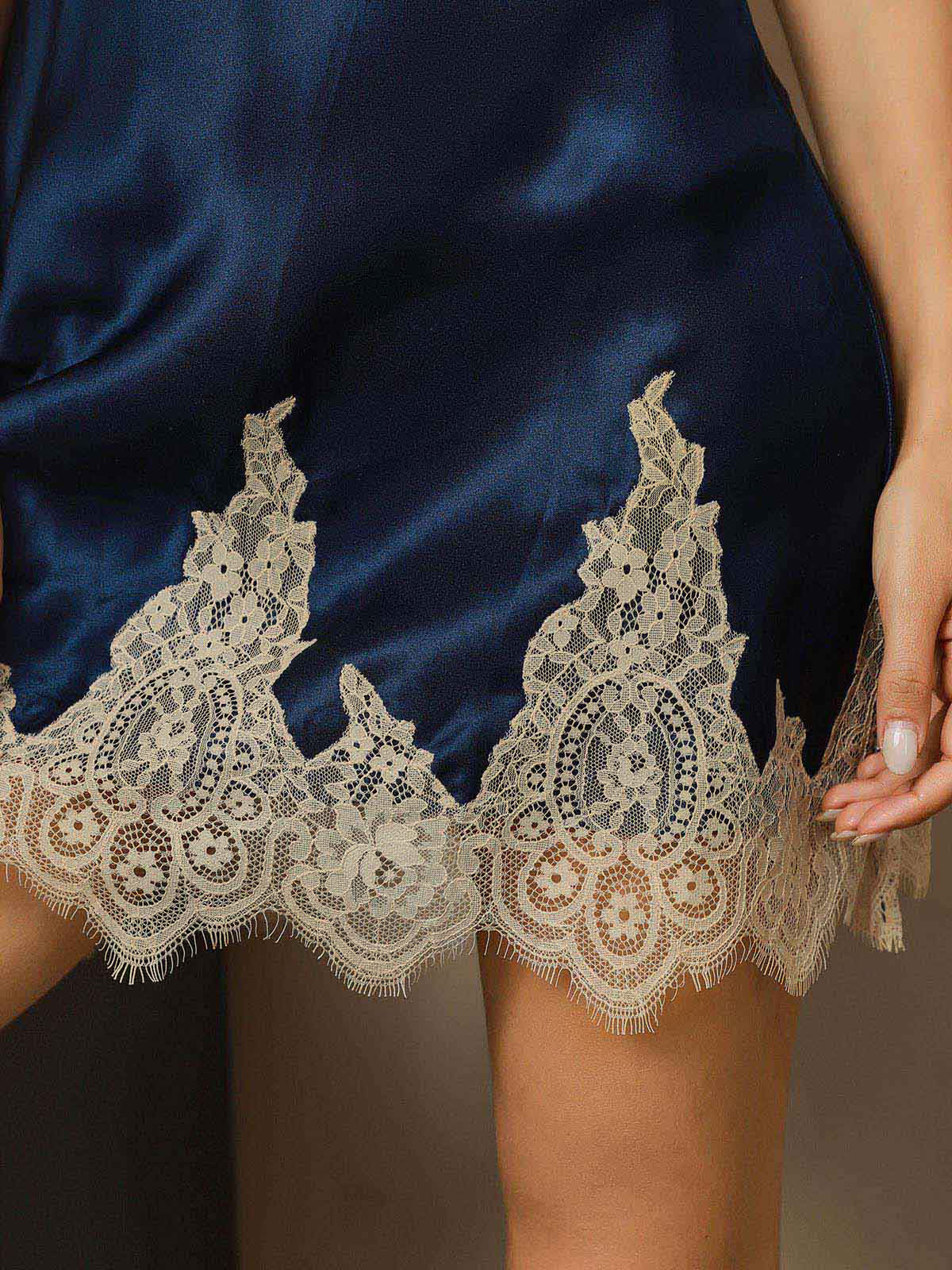 [Dark Blue] SilkSilky-AU Spaghetti Strap V Neck Nightgown 005