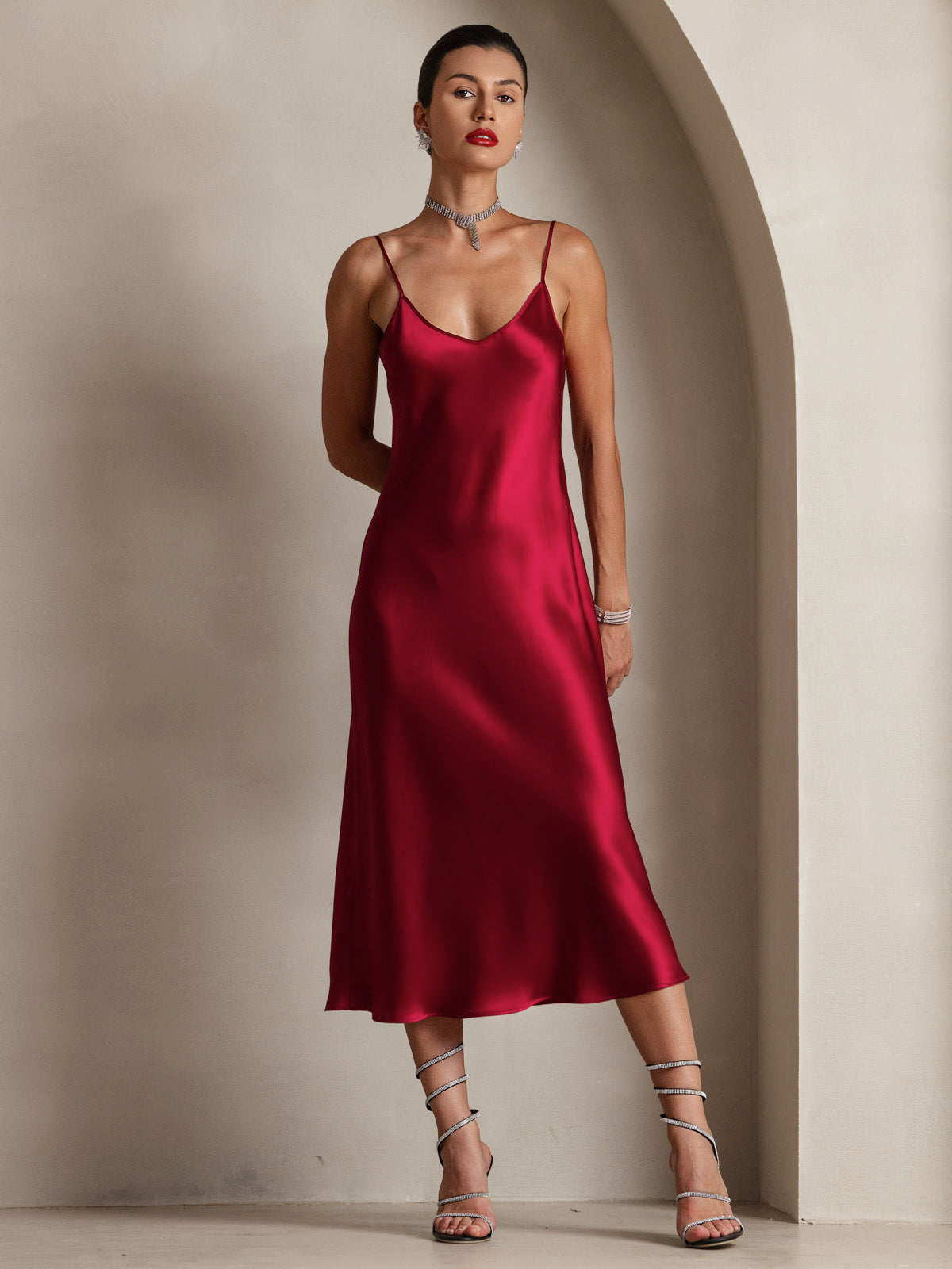 SilkSilky-AU Pure Silk Sleeveless Round Neck Dress Wine 001