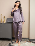 SilkSilky AU Pure Silk Long Sleeve Lapel Women's Pyjamas PurpleGray 003