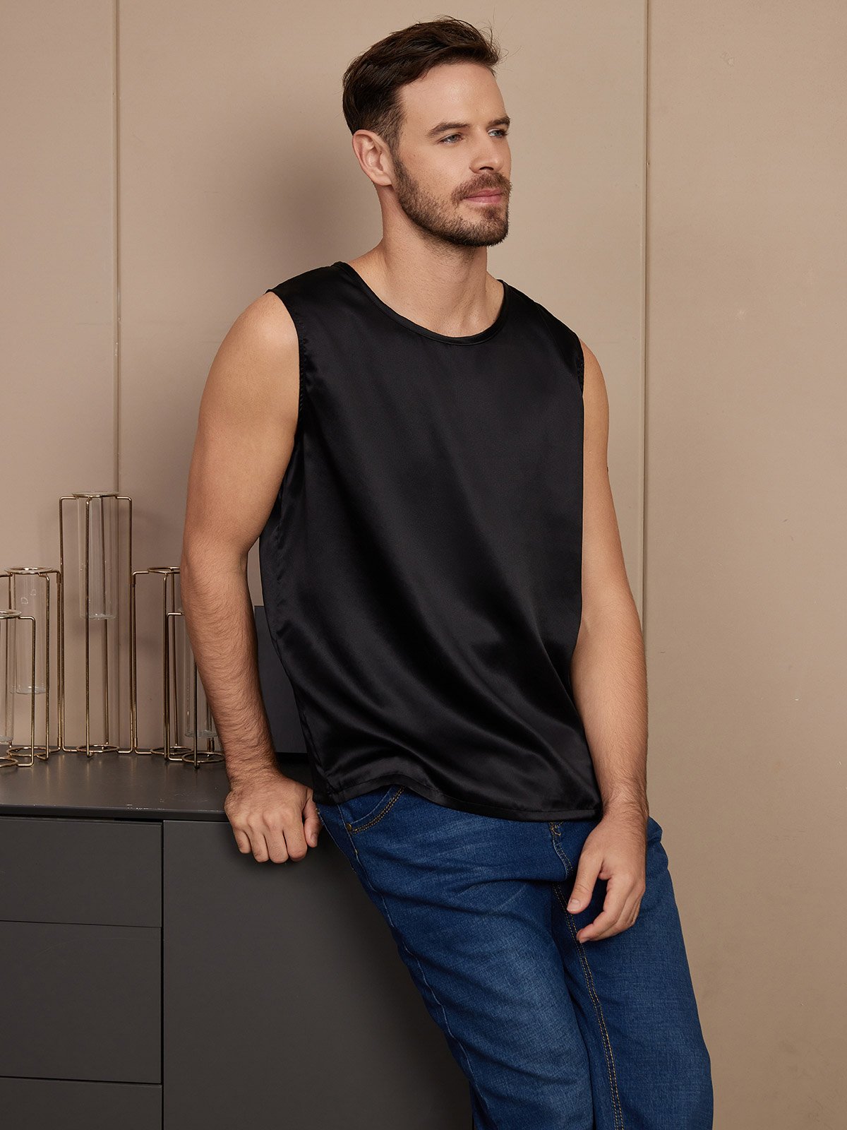 SilkSilky AU Pure Silk Sleeveless Mens T Shirt Black 004