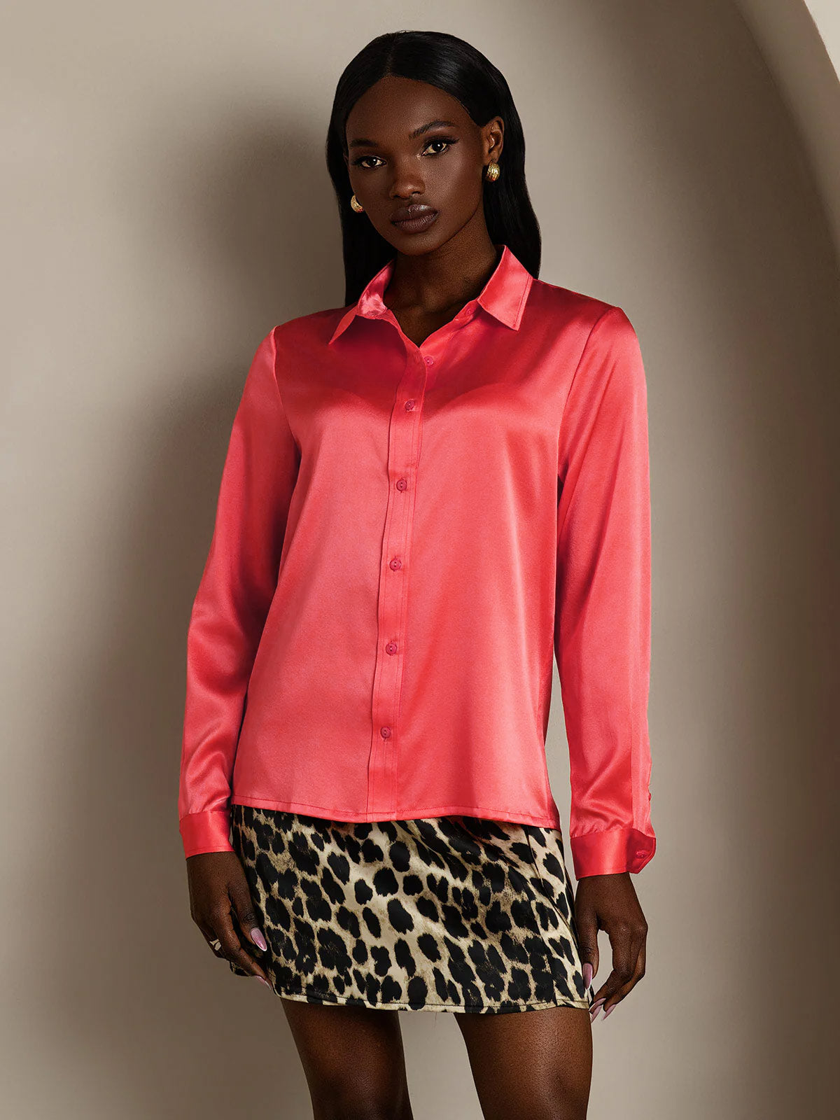 [Imperial Red] SilkSilky-AU 19Momme Stretch Silk Charmeuse Long Sleeve Lapel Collar Women's Shirt 003