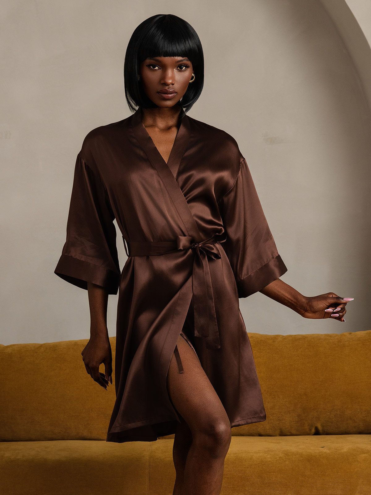 [Coffee] SilkSilky-AU Pure Silk Womens Robe 007