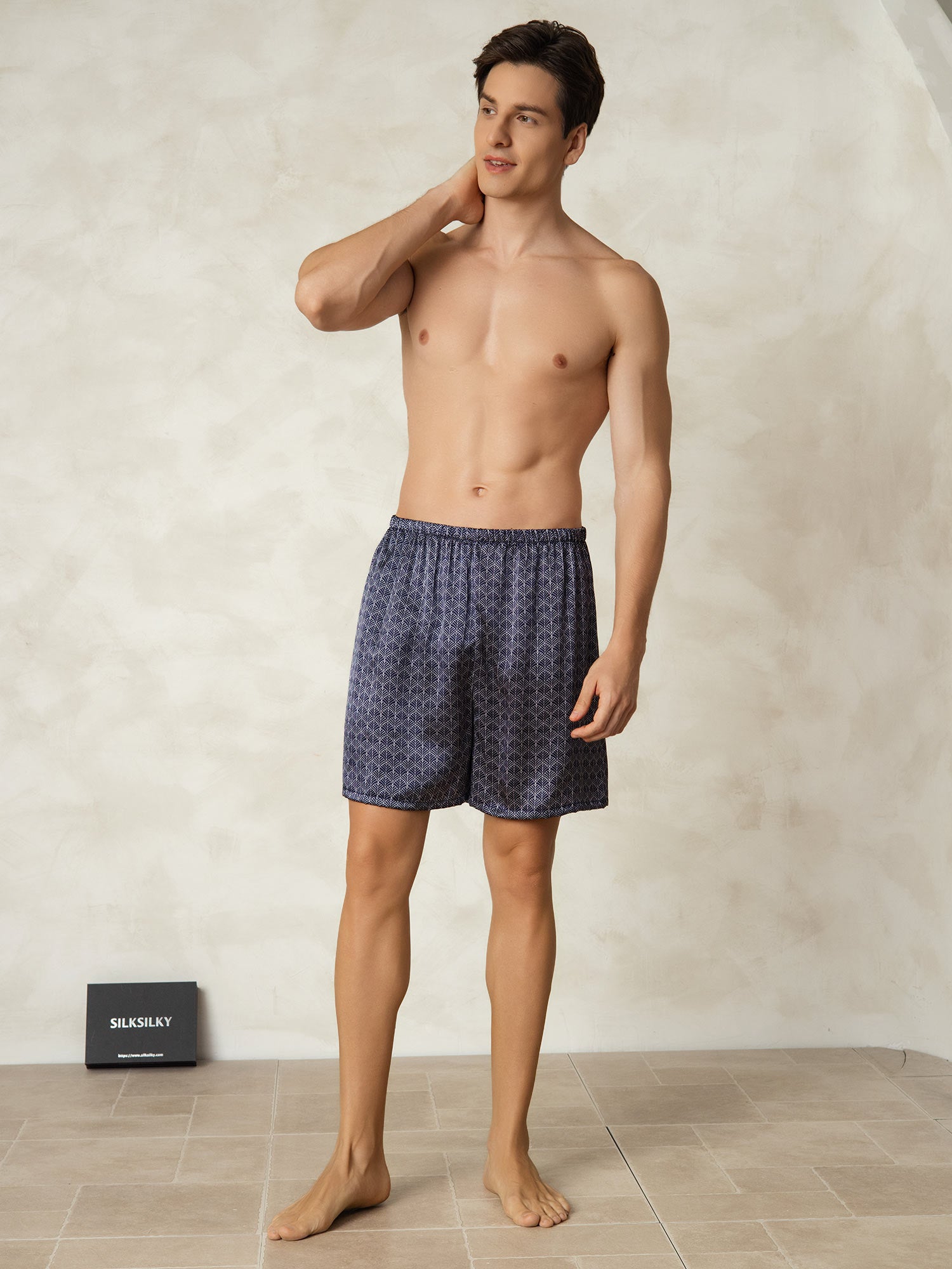 [Navy Ginkgo] SilkSilky-AU Pure Silk Mens Sleep Bottoms 006