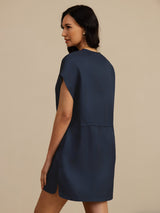 [Dark Blue] SilkSilky-AU 18Momme Silk Satin Surah Cap Sleeve Henley Neck Dress 002