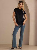 [Black] SilkSilky-AU Short Sleeve Split Women's Blouse 006