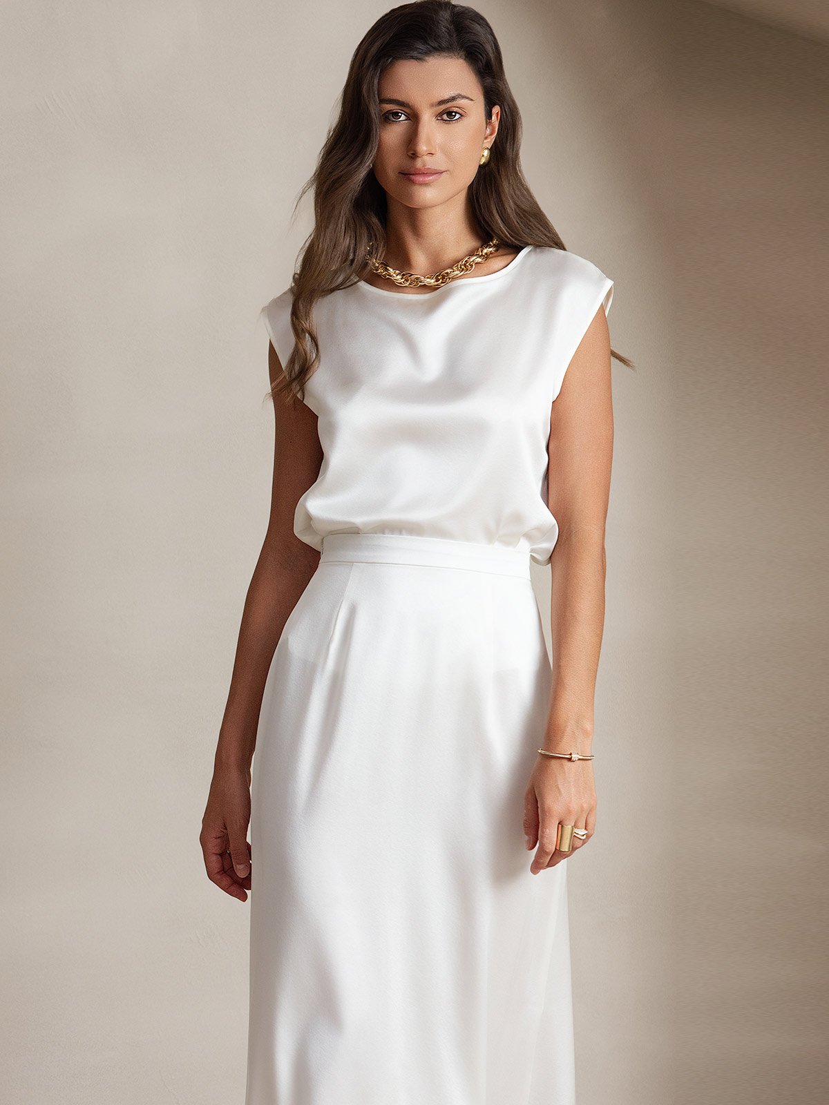 [White] SilkSilky-AU 19Momme Stretch Silk Charmeuse Cap Sleeve Round Neck Women's T-Shirt 003