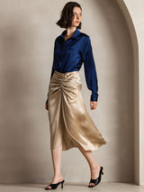 [Dark Blue] SilkSilky-AU 19Momme Stretch Silk Charmeuse Long Sleeve Lapel Collar Women's Shirt 006