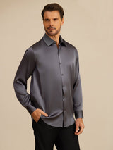 [Dark Gray] SilkSilky-AU 19Momme Stretch Silk Charmeuse Long Sleeve Lapel Collar Men's Shirt 005