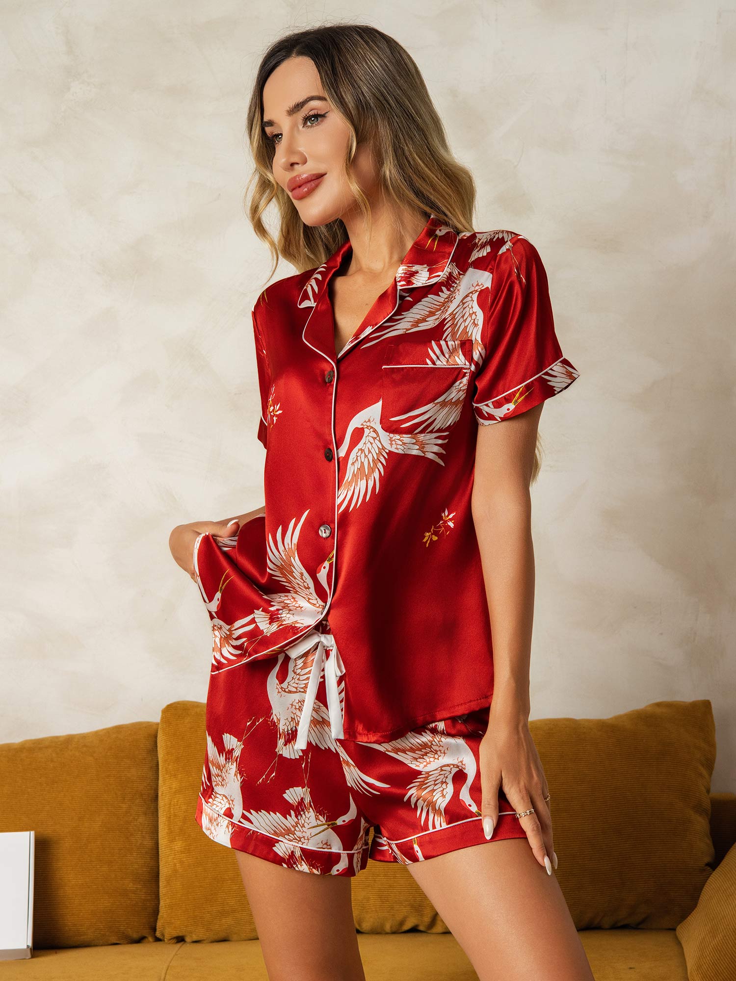 [Dark Red] SilkSilky-AU 19Momme Short Sleeve Notch Collar Women's Pyjamas 007
