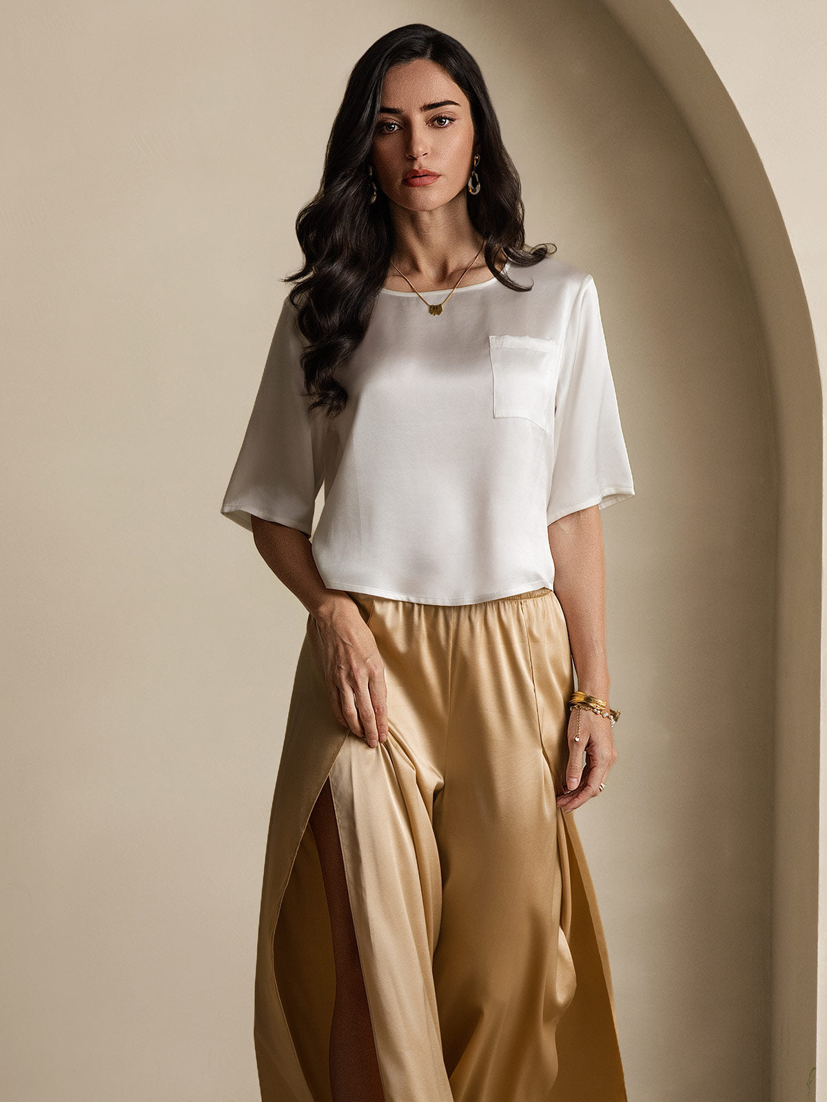 [White] SilkSilky-AU Pure Silk Boat Neck Women's T-Shirt 007