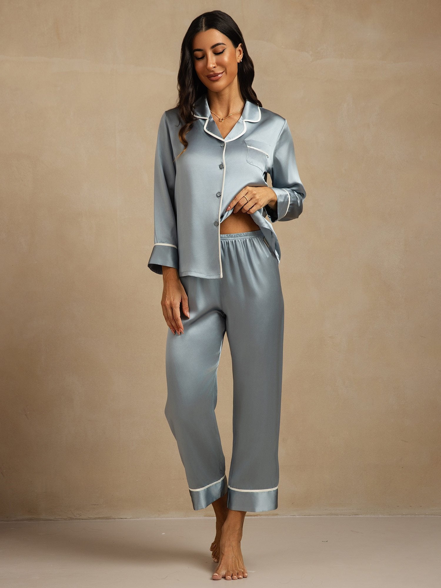 [GrayishBlue] SilkSilky-AU Pure Silk Lapel Collar Women's Pyjamas 001