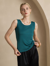 [Dark Green] SilkSilky-AU 100% Silk Jersey Sleeveless Round Neck Women's T-Shirt 003