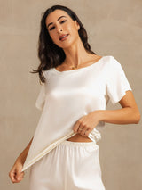 [White] SilkSilky-AU 19Momme Machine-Washable Silk Short Sleeve Women's Pyjamas 008