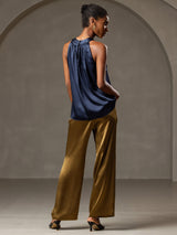 [Dark Blue] SilkSilky-AU 19Momme Stretch Silk Charmeuse Sleeveless Halter Women's T-Shirt 002
