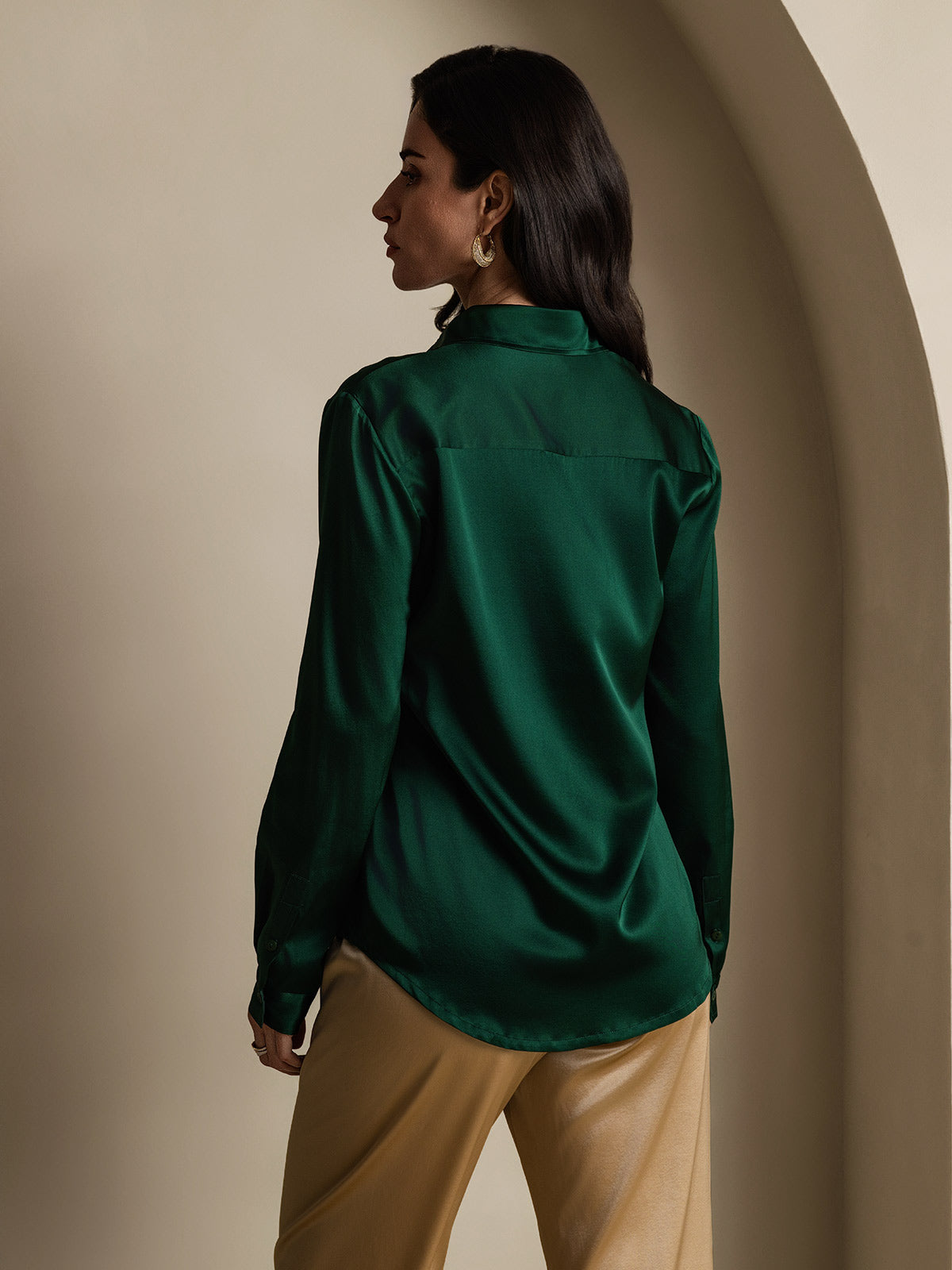[Dark Green] SilkSilky-AU 19Momme Stretch Silk Charmeuse Long Sleeve Lapel Collar Women's Shirt 002