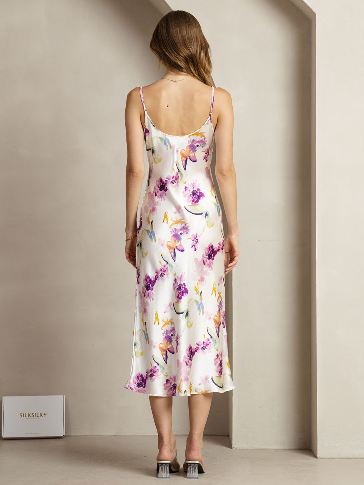 [Watercolor Floral] SilkSilky-AU 19Momme Silk V Neck Dress 002
