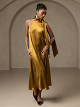 [Brown] SilkSilky-AU Sleeveless Tie Neck Dress 001