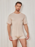 SilkSilky-AU Silk Knitted Short Sleeve Round Neck Men's T-Shirt Beige 004