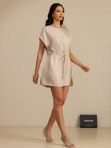 [Tan] SilkSilky-AU 18Momme Silk Satin Surah Cap Sleeve Henley Neck Dress 006