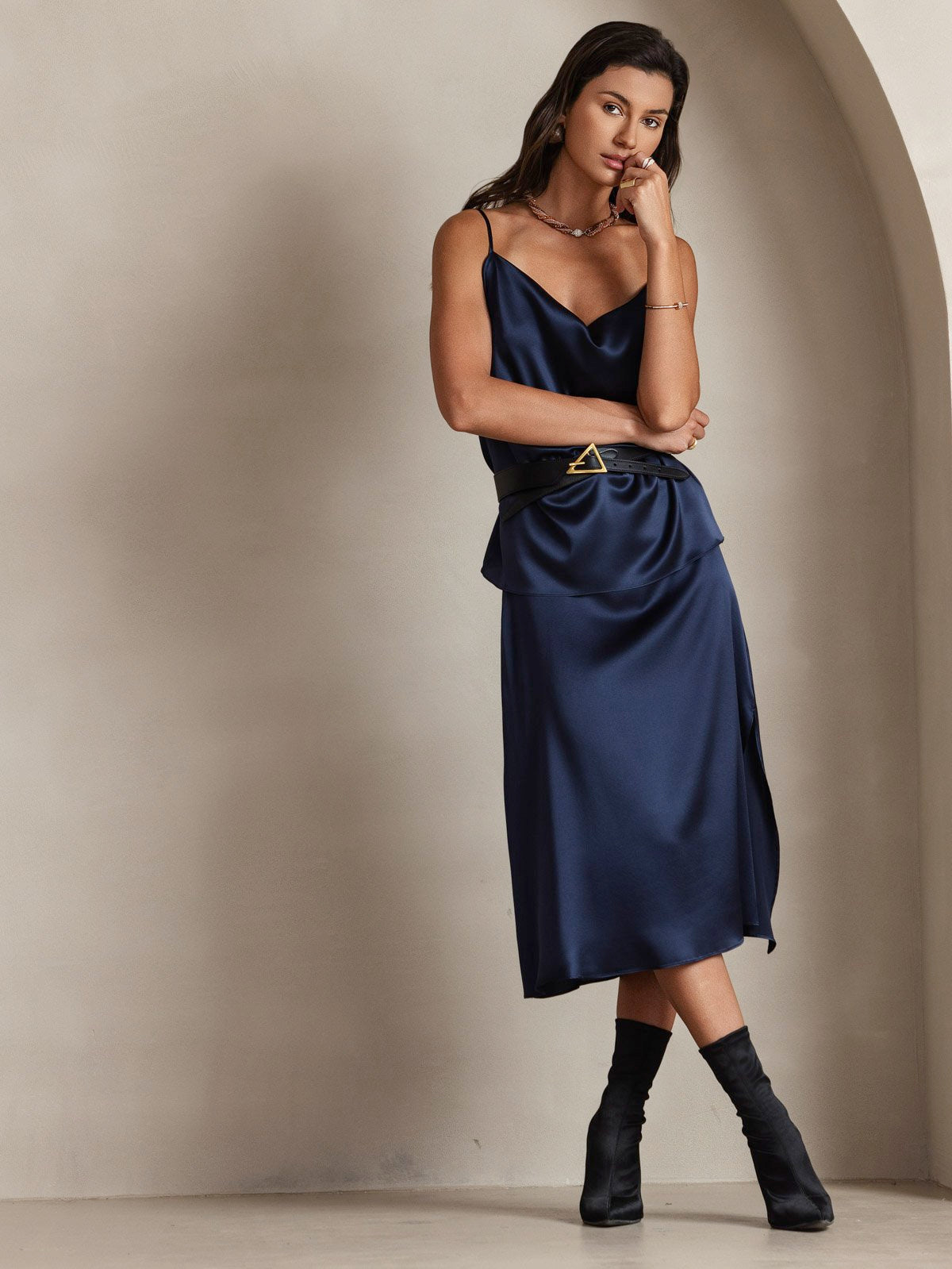 [Dark Blue] SilkSilky-AU 19Momme Silk Cowl Neck Camisole 005