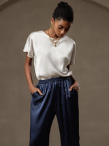[Light Gray] SilkSilky-AU 19Momme Stretch Silk Charmeuse Short Sleeve Boat Neck Women's T-Shirt 005