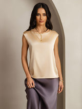 [Champagne] SilkSilky-AU 19Momme Stretch Silk Charmeuse Cap Sleeve Round Neck Women's T-Shirt 001