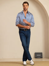 [Navy Stripe] SilkSilky-AU 19Momme Stretch Silk Charmeuse Long Sleeve Lapel Collar Men's Shirt 008