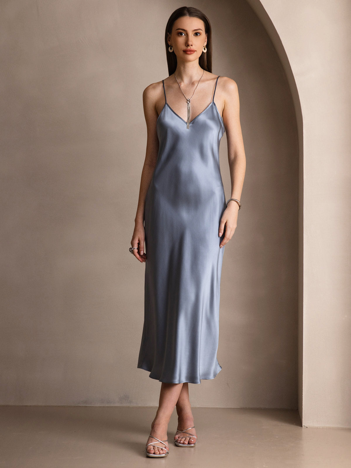 SilkSilky-AU Pure Silk Sleeveless Round Neck Dress GrayishBlue 005