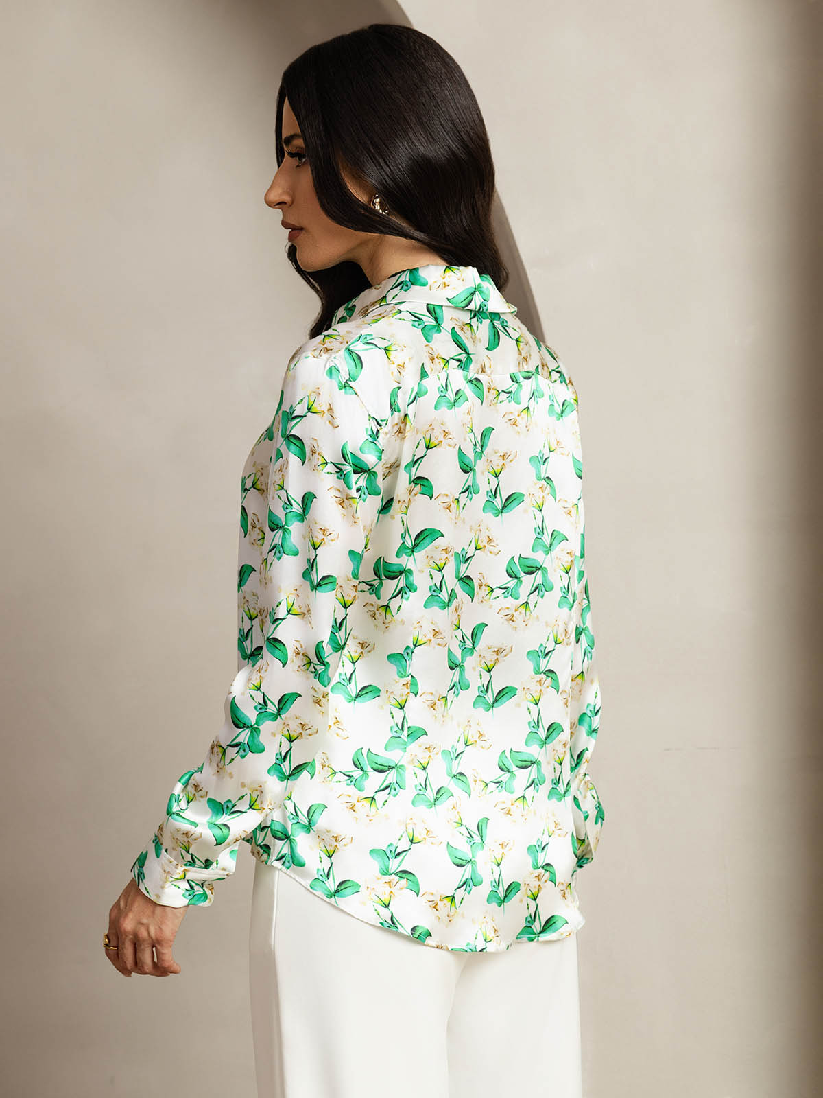 [Green Floral] SilkSilky-AU Silk Long Sleeve Lapel Collar Women's Shirt 002