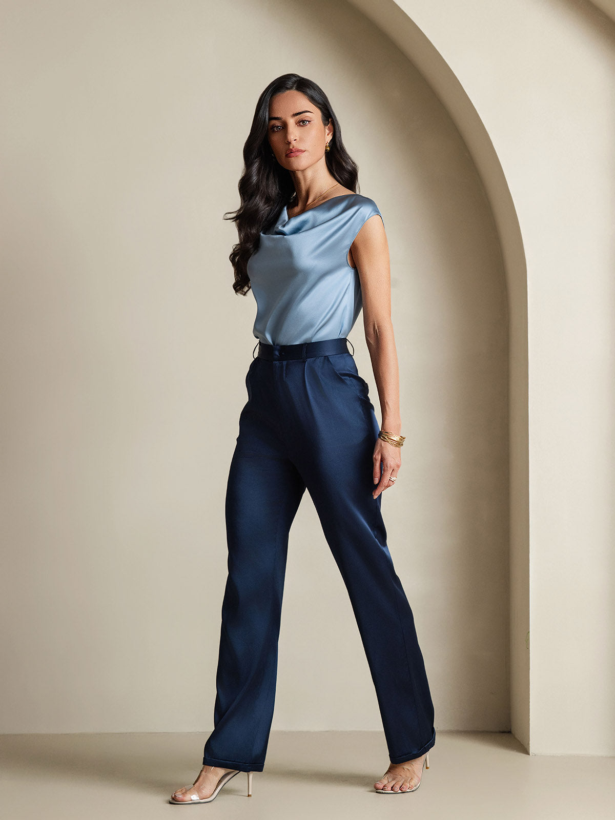 [Grayish Blue] SilkSilky-AU 19Momme Silk Sleeveless Cowl Neck Women's T-Shirt 008