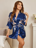 SilkSilky-AU 19Momme Pure Silk 3/4 Sleeve Deep V Neck Women's Dressing Gown DarkBlue 006