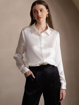 [White] SilkSilky-AU 19Momme Stretch Silk Charmeuse Long Sleeve Lapel Collar Women's Shirt 005