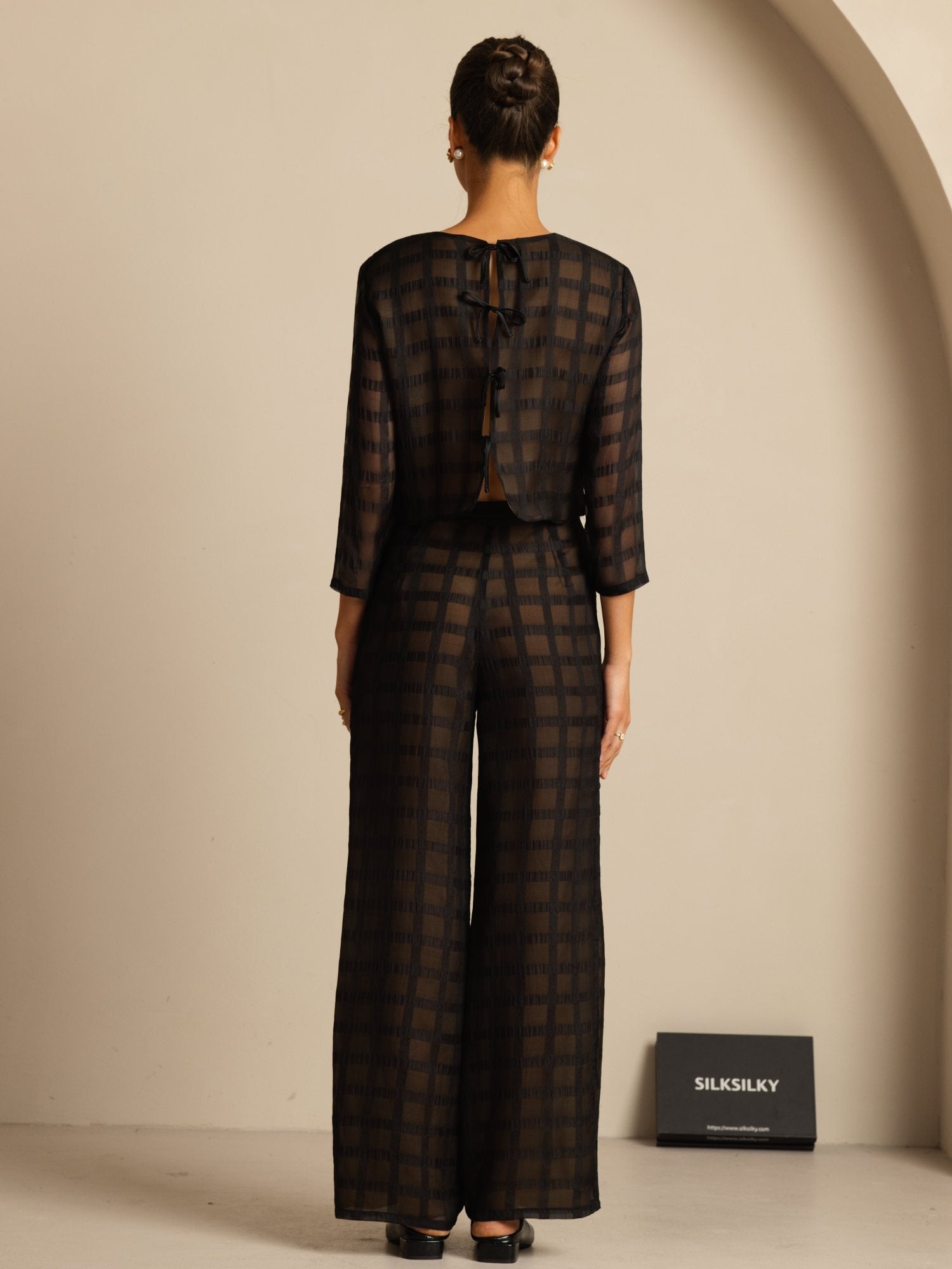 [Black] SilkSilky-AU Pure Silk Long Sleeve Round Neck Women''s Outfit Sets 002