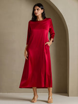 [Wine] SilkSilky-AU 3/4 Sleeve Round Neck Dress 001