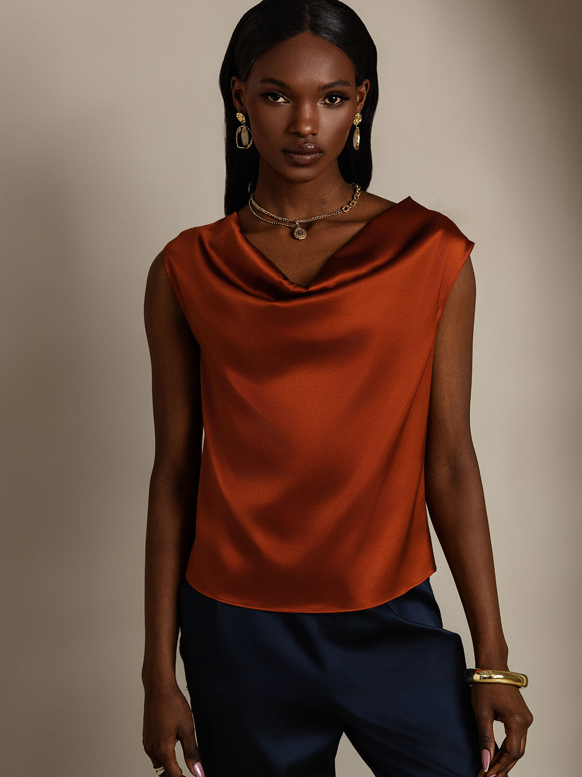 [Caramel] SilkSilky-AU 19Momme Silk Sleeveless Cowl Neck Women's T-Shirt 003